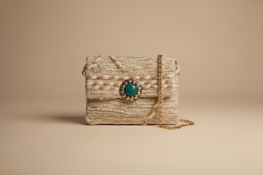 Amal Clutch front view — handmade Berber clutch textured with turqoise stone clasp by Studio Palmier