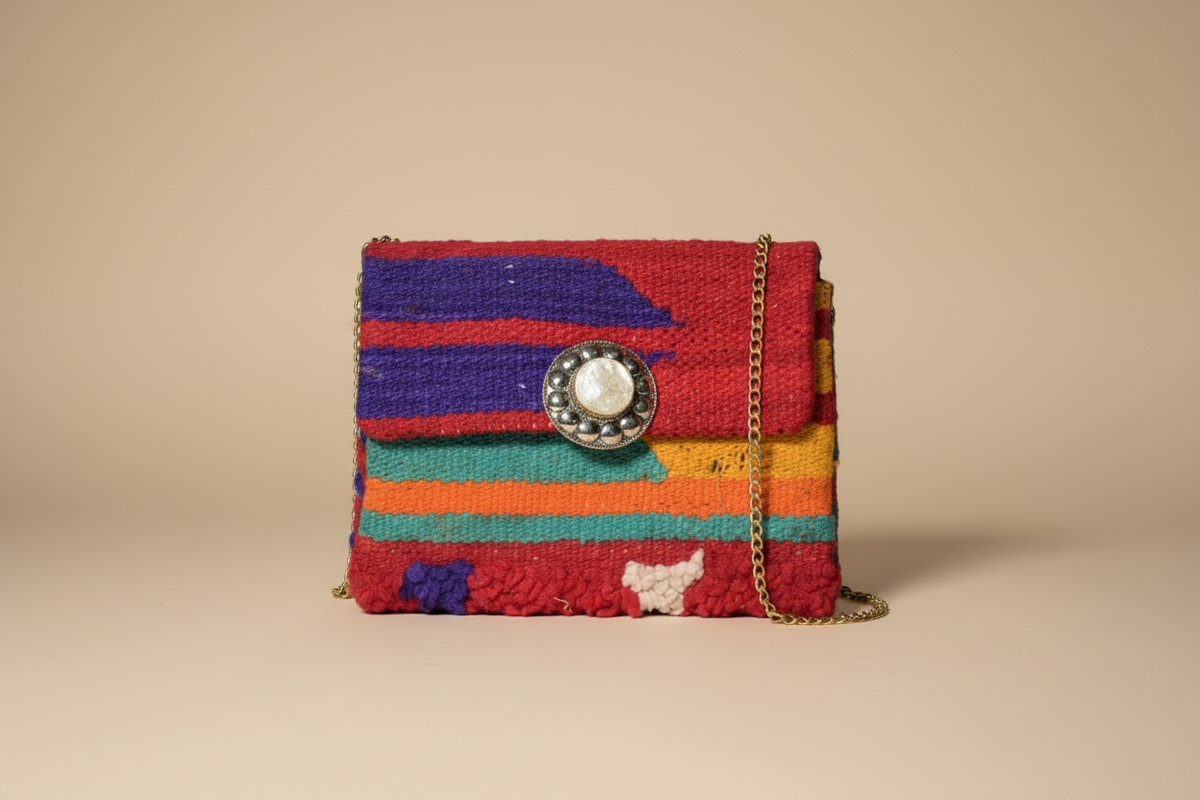 Felfla Clutch with gold color chain strap — handmade Berber clutch by Studio Palmier