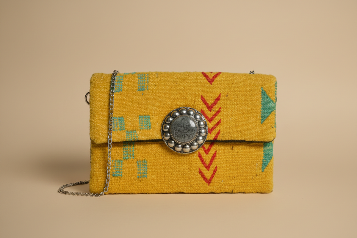 Kurkum Clutch with chain strap — handmade Berber clutch by Studio Palmier