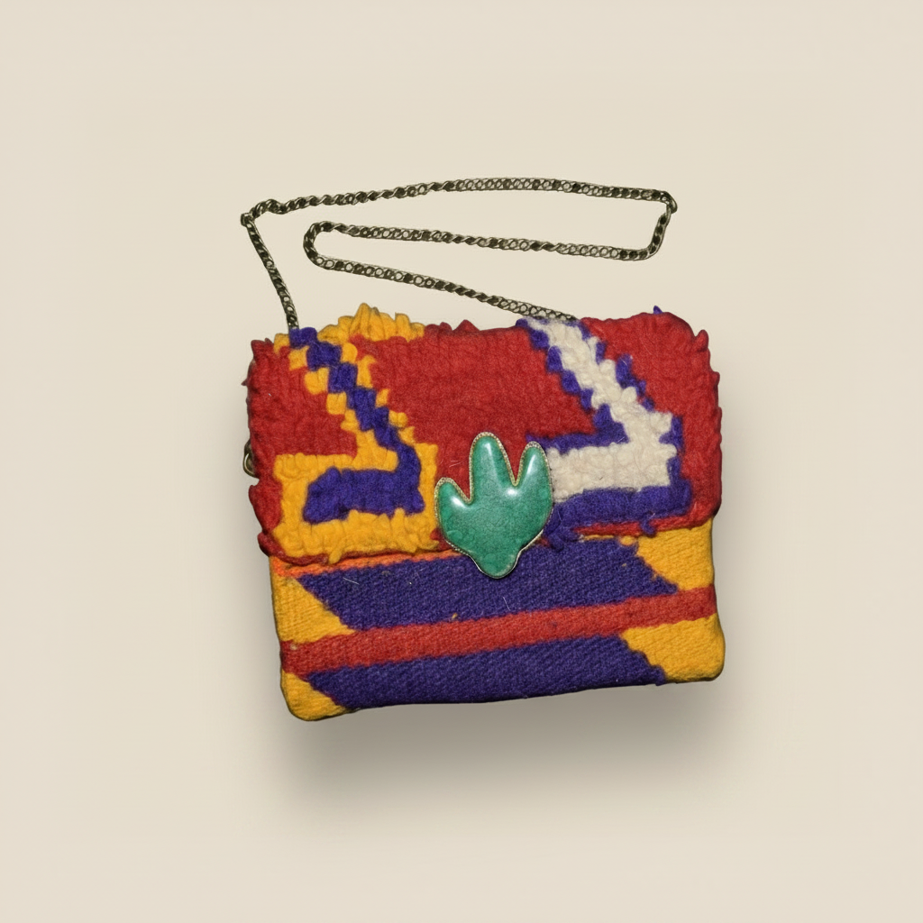 Colorful woven pouch with a green heart on a white background