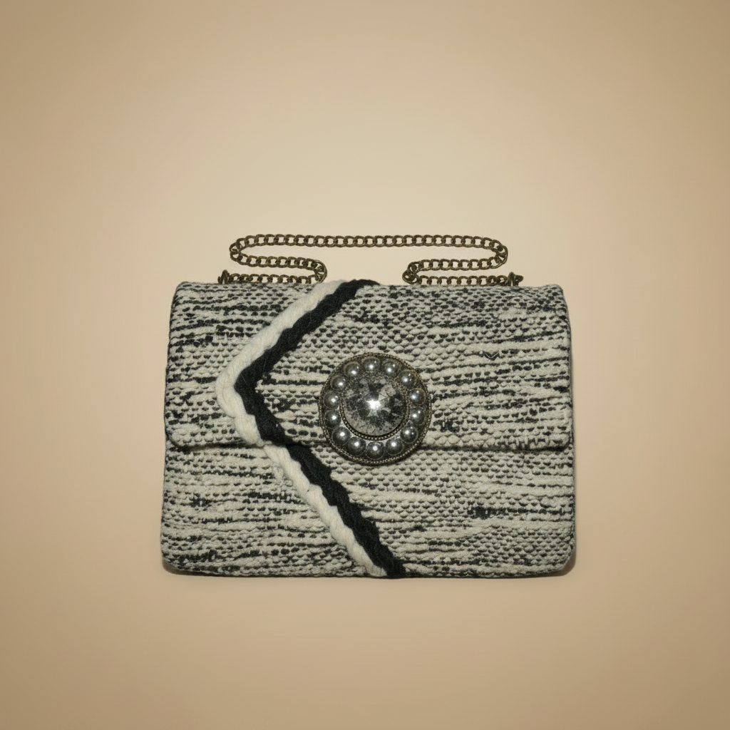 Tarifa Clutch black and white with chain strap — handmade Berber clutch by Studio Palmier