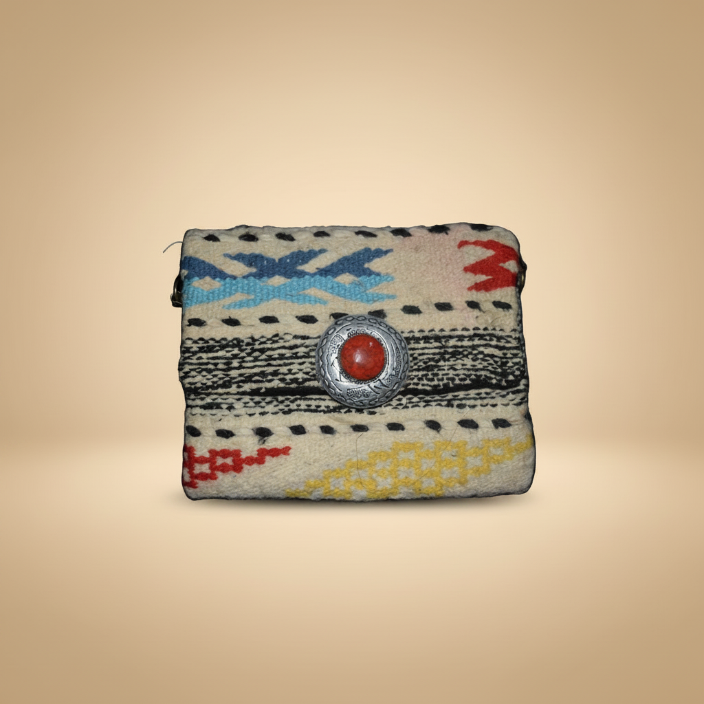 Yasmine Clutch front view — handmade Berber clutch with colorful pattern by Studio Palmier
