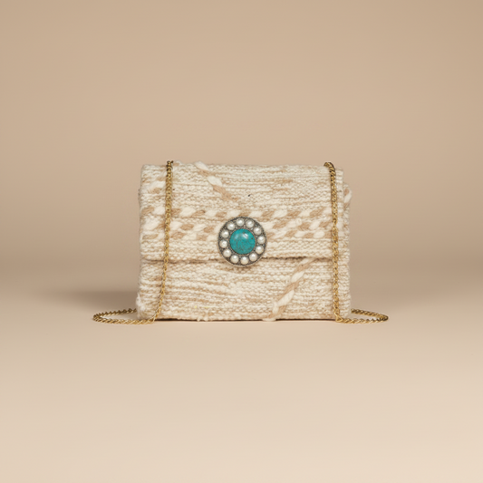 Amal Clutch beige with gold chain strap — handmade Berber clutch by Studio Palmier