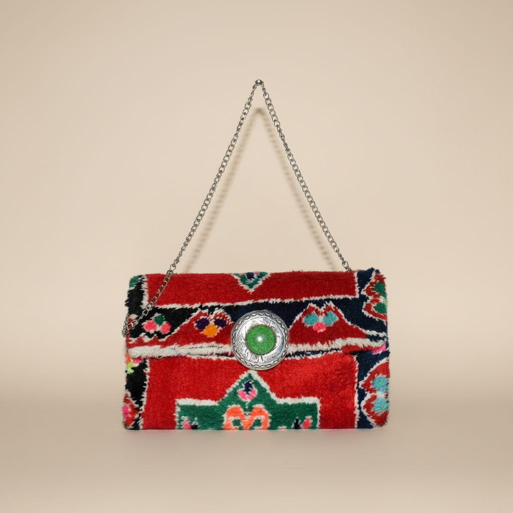 Harif Clutch with silver chain strap  and emerald green stone— handmade Berber clutch by Studio Palmier